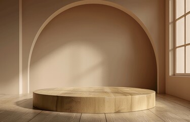 Abstract Minimal Wooden Podium for Product Presentation with Light Brown Background