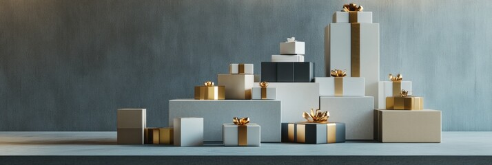 Aufkleber - A variety of uniquely shaped gift boxes are artfully displayed on a table, showcasing elegant designs and festive decorations. Generative AI