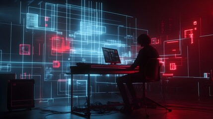 Digital technology futuristic cyberspace with laptop computer and glowing neon interface  Abstract data visualization programming coding workspace software development