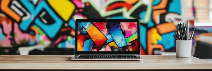Poster - A sleek laptop on a wooden desk exhibits bright artistic designs against a backdrop of colorful graffiti, creating an inspiring workspace. Generative AI
