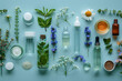 © khemthong - Laboratory glassware and natural ingredients for organic cosmetic product on light blue background, flat lay