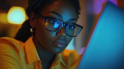 Canvas Print - Focused Young Woman Engaged with Laptop Screen