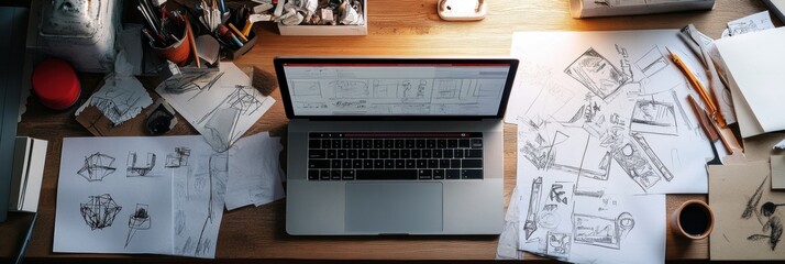 Leinwandbilder - A laptop is placed at a cluttered workspace filled with sketches, notes, and various creative tools, illuminated by afternoon sunlight. Generative AI
