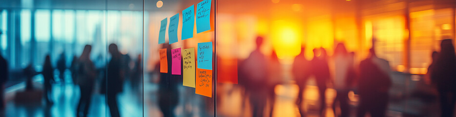 sticky note post it board office. business people meeting at office and use post it notes to share i