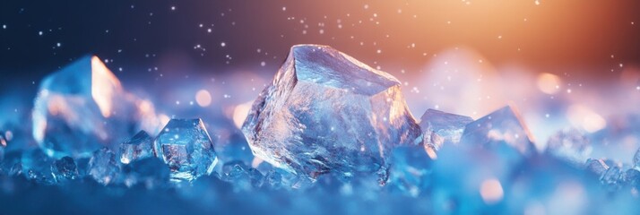 Fototapete - Discover glowing icy crystals illuminated by ambient light, creating an enchanting display against a calming blue backdrop. Generative AI
