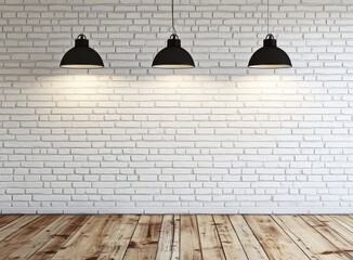 Poster - Three black pendant lights hanging over a white brick wall and wooden floor.