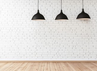 Poster - Three black pendant lights hanging in front of a white brick wall with a wooden floor.