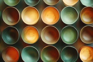 Aufkleber - Teacups in warm brown and green sit neatly arranged, showcasing a harmonious blend of colors and circular forms against a soft background. Generative AI