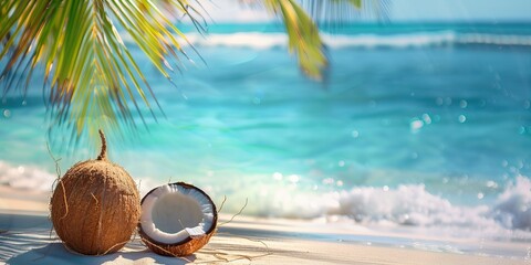 Coconut on tropical white sand with clear ocean water