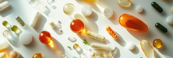 Aufkleber - A colorful collection of vitamins, supplements, and nutritious foods highlights the importance of health and wellness on a white background. Generative AI