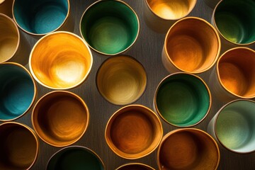 Aufkleber - Circular tea cups in warm brown and green tones create an inviting atmosphere, perfect for enjoying a calming beverage together. Generative AI