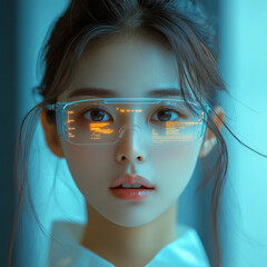 woman wearing smart glasses, show digital information on smart glasses.