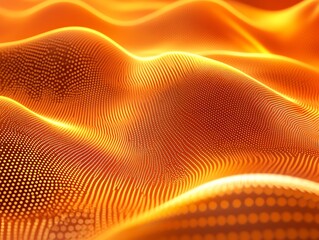 Abstract orange and yellow digital wave pattern with glowing dots and lines.