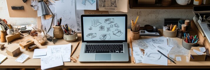 Aufkleber - A laptop sits on a wooden desk cluttered with sketches, tools, and art supplies, showcasing an artist's creative process in progress. Generative AI