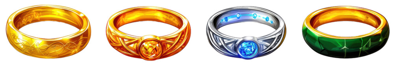 Four colorful decorative rings on white isolated background. transparent background