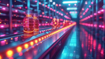 Two glass vials with orange liquid move on a futuristic conveyor belt with red and blue lights.