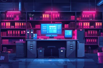 A modern office interior with a desk, two computers, a bookshelf, and a plant. The room is lit by neon lights.