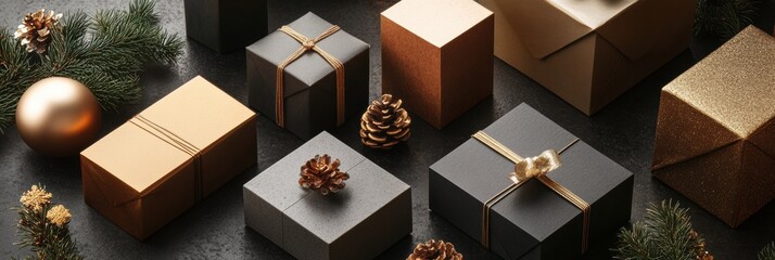 Poster - Geometric gift boxes in various colors are arranged on a dark surface, surrounded by pinecones and ornaments for a festive touch. Generative AI
