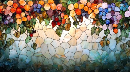 Wall Mural - Vibrant stained glass artwork featuring flowers, leaves, and fruit, creating a decorative mosaic with rich colors and intricate details.