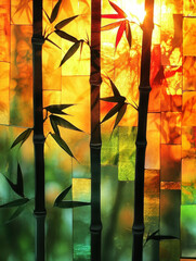 Wall Mural - Colorful stained glass artwork depicting a bamboo forest transitioning from green to warm sunset hues, creating a tranquil scene.