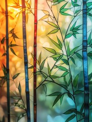 Wall Mural - Colorful stained glass artwork depicting a bamboo forest transitioning from green to warm sunset hues, creating a tranquil scene.