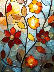 Wall Mural - Beautiful stained glass art depicting colorful flowers and leaves, showcasing intricate details and a vibrant, nature-inspired design.