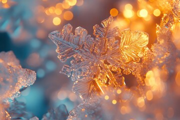 Aufkleber - Glowing snowflake shapes in icy shades shimmer softly as they catch the fading light of twilight, creating a magical winter ambiance. Generative AI