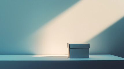 Wall Mural - Giving Tuesday concept,small box rests on a white shelf,softly lit by a beam of sunlight streaming in from a nearby window,creating an atmosphere of tranquility,copy space