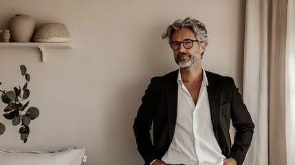 Stylish middle-aged man poses confidently in a modern, softly lit living room with neutral tones and elegant decor