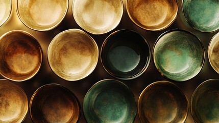 Aufkleber - A collection of circular tea cups showcases warm brown and green hues, creating an inviting atmosphere perfect for enjoying tea. Generative AI
