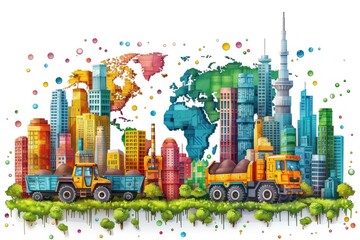 A colorful illustration of a cityscape with dump trucks and a world map in the background, symbolizing global construction and development.