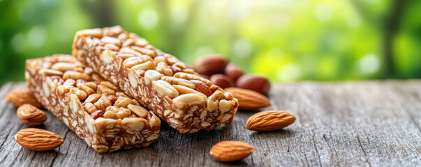 two bars of granola with almonds on a wooden table. the granola is crunchy and the almonds are small