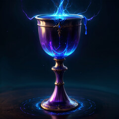 A golden and purple chalice filled with glowing blue liquid, with blue energy streams emanating from the liquid and the base of the chalice. The chalice is on a dark surface with a swirling blue energ