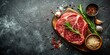 © Pluto - Raw Steak on Wooden Cutting Board Surrounded by Herbs and Spices on Dark Stone Background