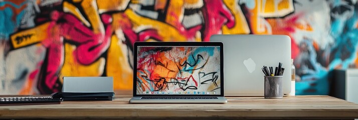 Poster - An organized desk with a laptop, stationery, and notebooks, set against a colorful graffiti mural in a trendy workspace. Generative AI