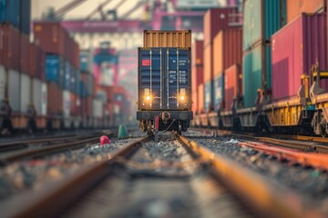 Wall Mural - Containers are being loaded onto a train in a bustling freight yard, illustrating the efficiency of multimodal transportation. Generative AI