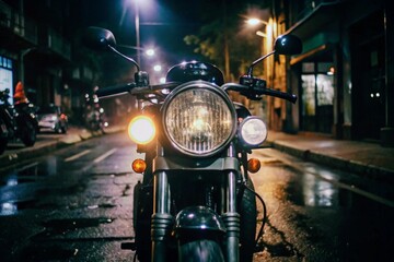 front view of a motorcycle on the street at night