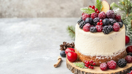 Festive fruitcake topped with seasonal berries, showcasing rustic background. This delightful dessert is perfect for celebrations and gatherings, evoking warmth and joy