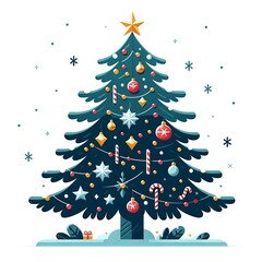 Flat, isolated illustration of a festive Christmas tree adorned with colorful ornaments, lights, and a shining star on top. The tree has a classic triangular shape and vibrant green branches. 