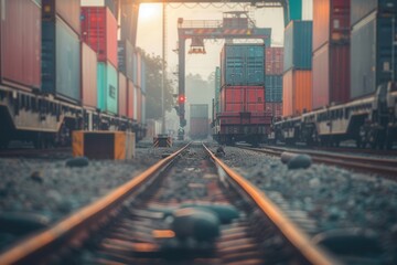 Aufkleber - Trucks unload cargo containers onto a train in a busy freight yard, highlighting the efficient movement of goods across transport modes. Generative AI