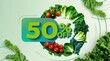 © Atralia13 - 50% OFF discount logo eco-friendly green background, featuring a colorful arrangement of fresh, organic vegetables arranged in a circular
