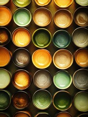 Aufkleber - A vibrant collection of circular tea cups in warm hues elegantly arranged, perfect for a gathering or a peaceful tea break. Generative AI