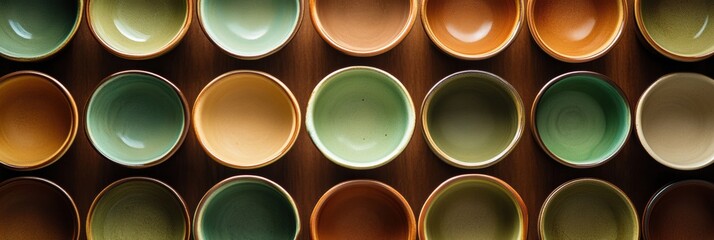 Aufkleber - A collection of circular shapes in various earthy tones is neatly arranged, highlighting the inviting colors of tea cups. Generative AI