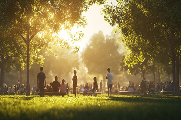 A sunny day in the park with people enjoying leisure activities, framed by a backdrop of skyscrapers, depicting urban green space usage