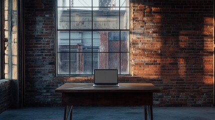Fototapete - A sleek laptop rests on a wooden table in a charming brick workspace illuminated by sunlight streaming through large windows. Generative AI