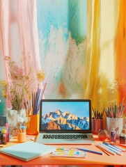 Poster - A bright and inviting workspace features a laptop surrounded by art supplies, colorful curtains, and decorative plants, inspiring creativity. Generative AI
