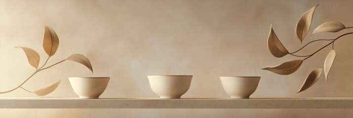 Poster - Three elegant tea cups sit on a shelf, framed by graceful intersecting lines of tea leaves, creating a peaceful atmosphere. Generative AI