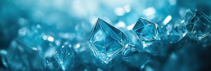 Fototapete - Geometric icy crystals sparkle with radiant reflections against a serene blue backdrop creating an enchanting abstract atmosphere. Generative AI