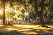 © ari - A sunny day in the park with people enjoying leisure activities, framed by a backdrop of skyscrapers, depicting urban green space usage