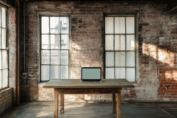 Poster - A sleek laptop rests on a wooden table in a bright industrial space with large windows and brick walls, inviting productivity and creativity. Generative AI